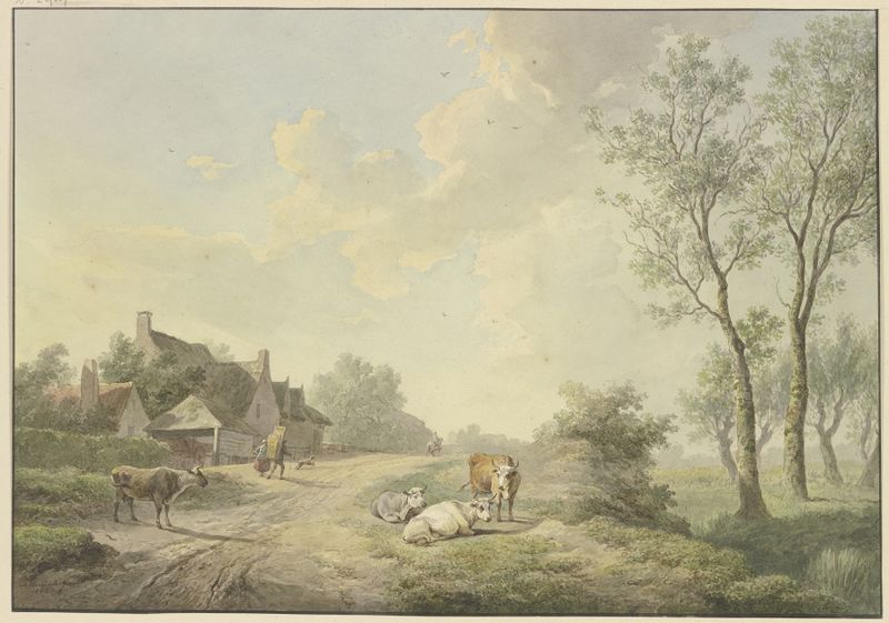 Landscape featuring four cows near farmhouses by Abraham Teerlink, oil painting