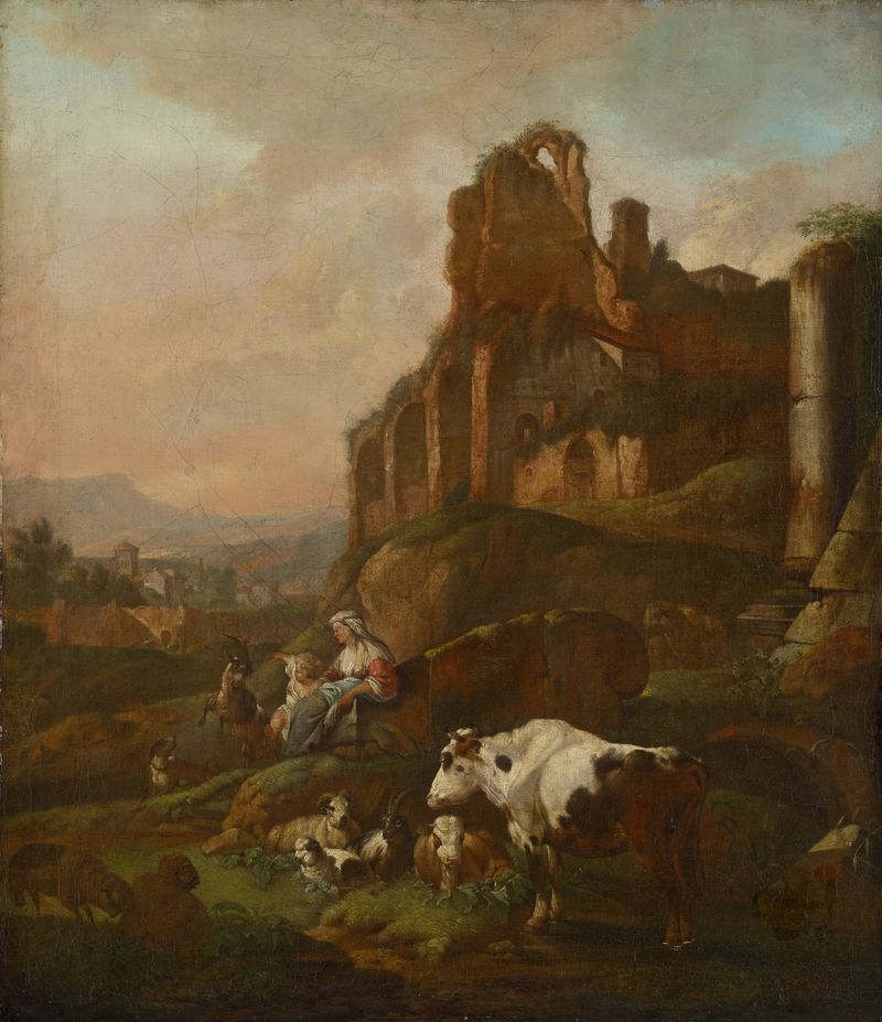 Shepherdess and flock in front of antique ruins, oil painting by Johann Heinrich Roos