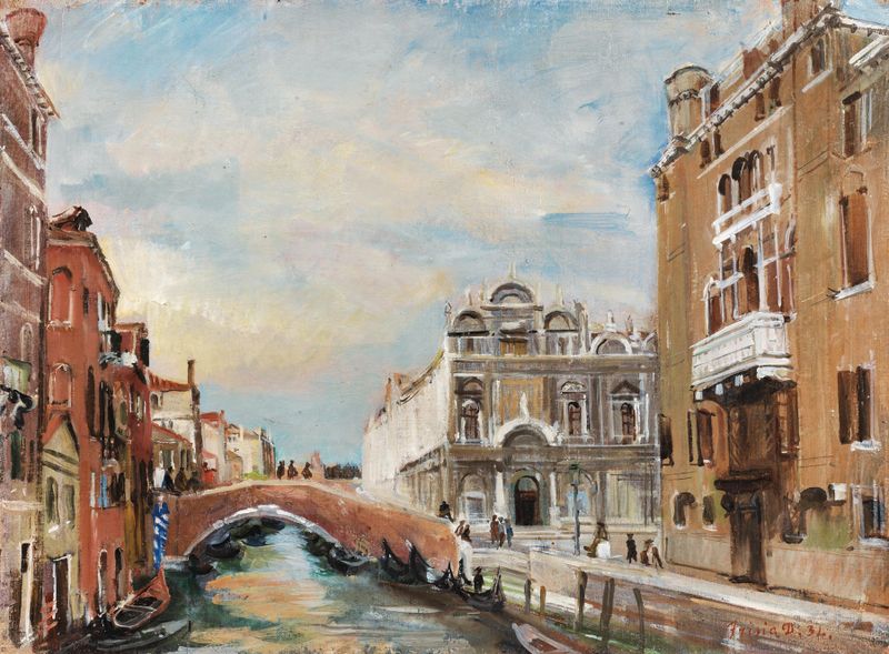Pintura rococó de Donato Frisia mostrando um canal com luz do sol e reflexos arquitetônicos.