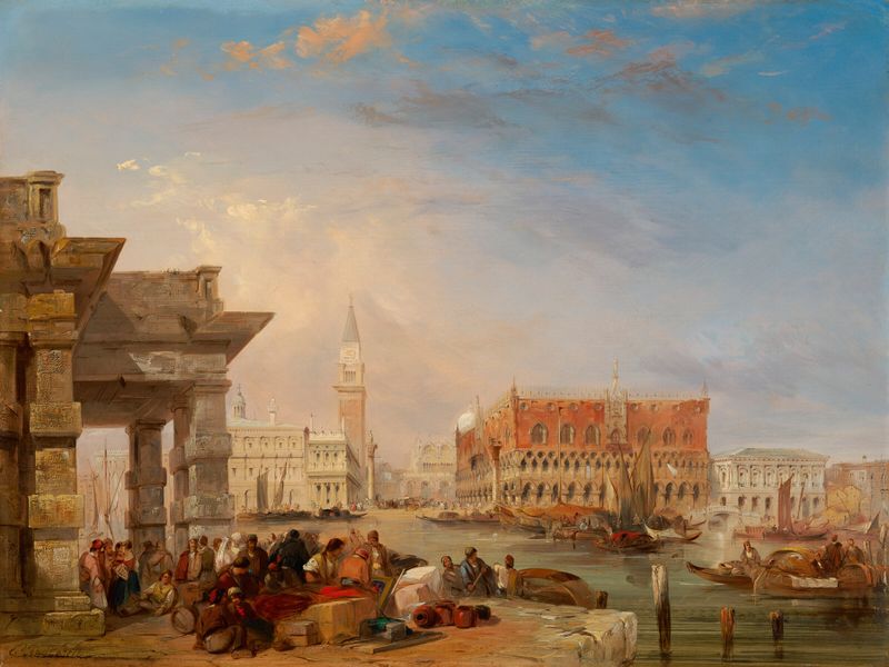 St Mark’s from the Dogana, óleo sobre tela de Edward Pritchett, retratando uma vibrante paisagem urbana ao amanhecer.