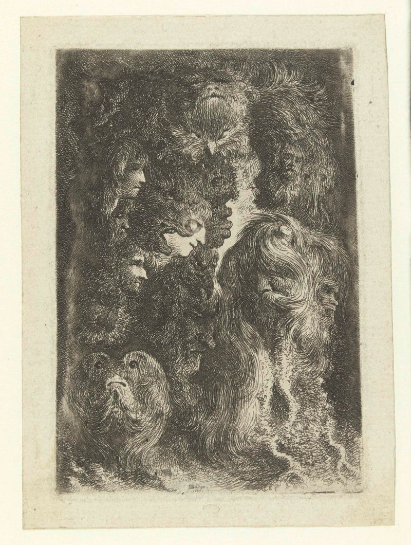 Gravura de Bartholomeus Breenbergh mostrando várias cabeças e expressões