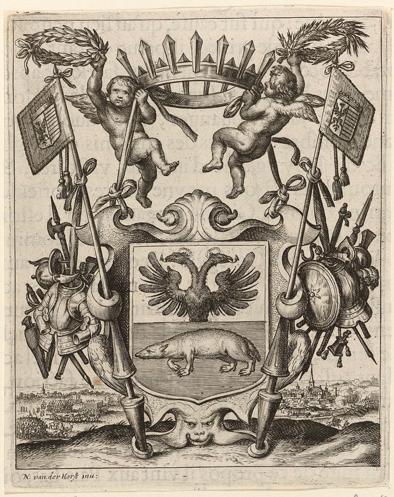 Familiewapen van Von Thurn und Taxis grabado de Wenceslaus Hollar con un escudo heráldico.