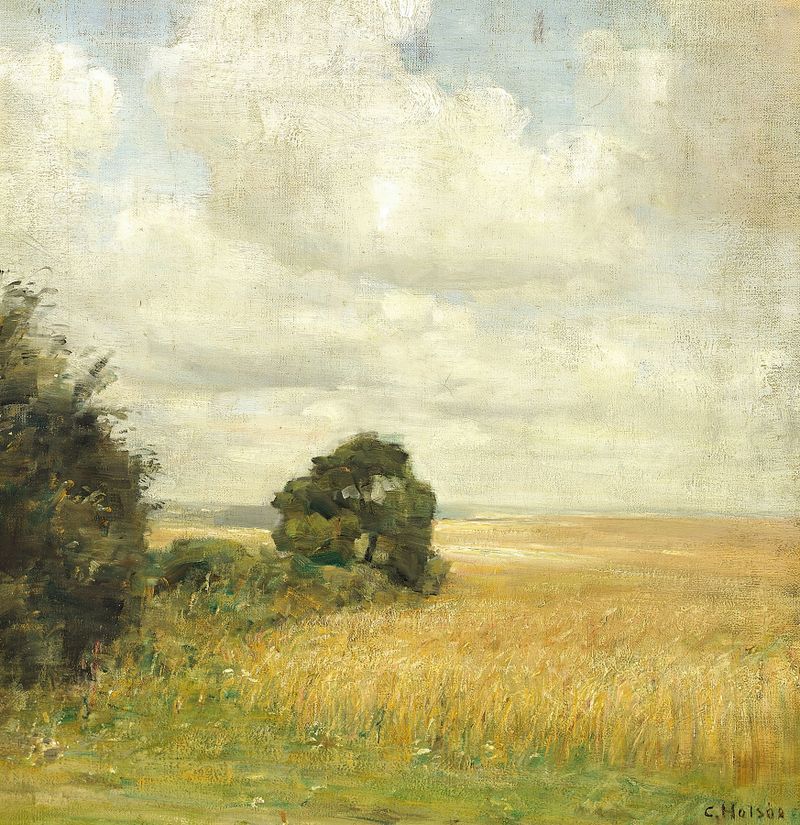Landscape oil painting by Carl Holsøe depicting fields and a horizon blending greens and blues.