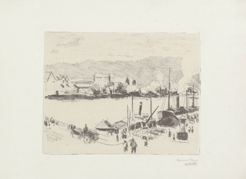 Paisaje de Quai Boieldieu, à Rouen de Camille Pissarro, pintura al óleo con reflejos de río y pueblo.