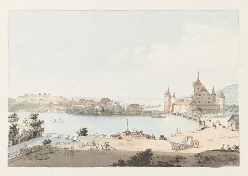 Vue de Nidau, et du Lac de Bienne engraving by Johann Ludwig Aberli depicting a tranquil lake and village