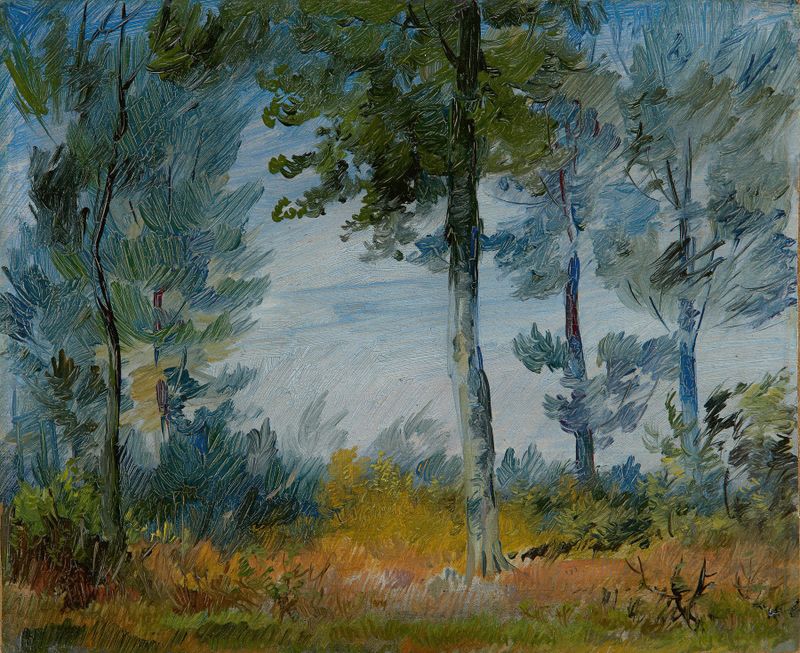 Waldrand by Wilhelm Busch, ink on paper depicting a serene forest scene with dappled sunlight.