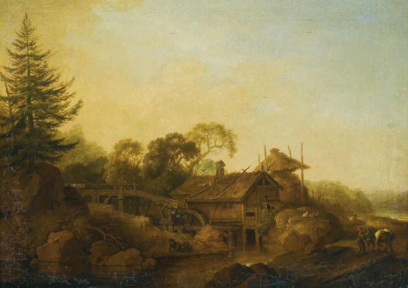 Landscape with mills at the edge of a wood by Christian Wilhelm Ernst Dietrich, oil painting