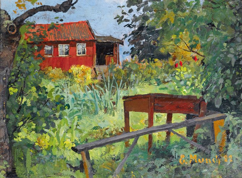 Cena de jardim com uma casa vermelha, folhagem e luz do sol de Edvard Munch, pintura a óleo