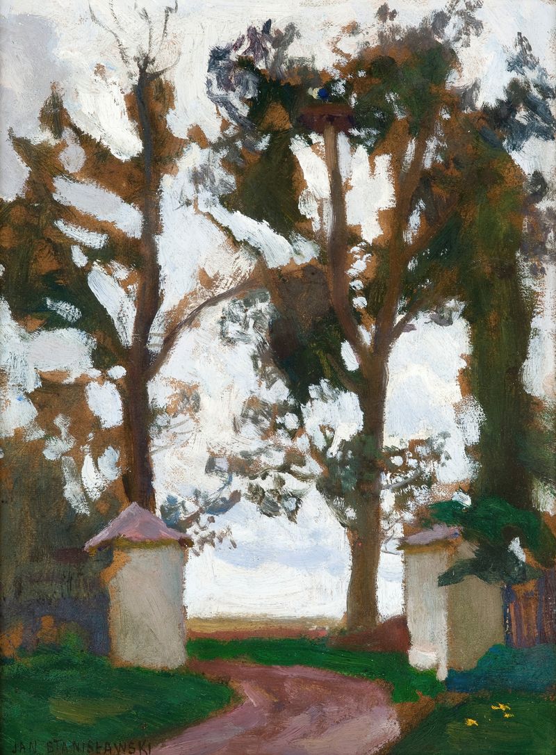 Gate Among Trees de Jan Stanisławski, impresionismo, que representa una puerta de madera rodeada de árboles.