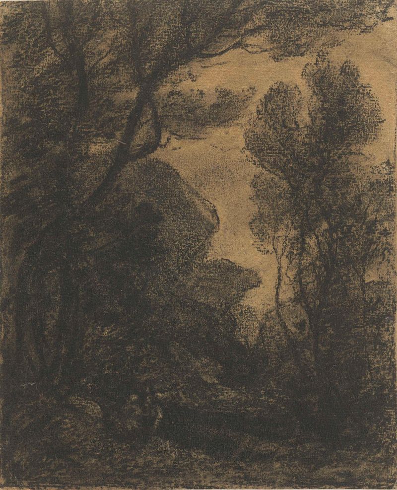 Paisagem de Camille Corot, papel, retratando uma cena tranquila de crepúsculo com árvores e horizonte.