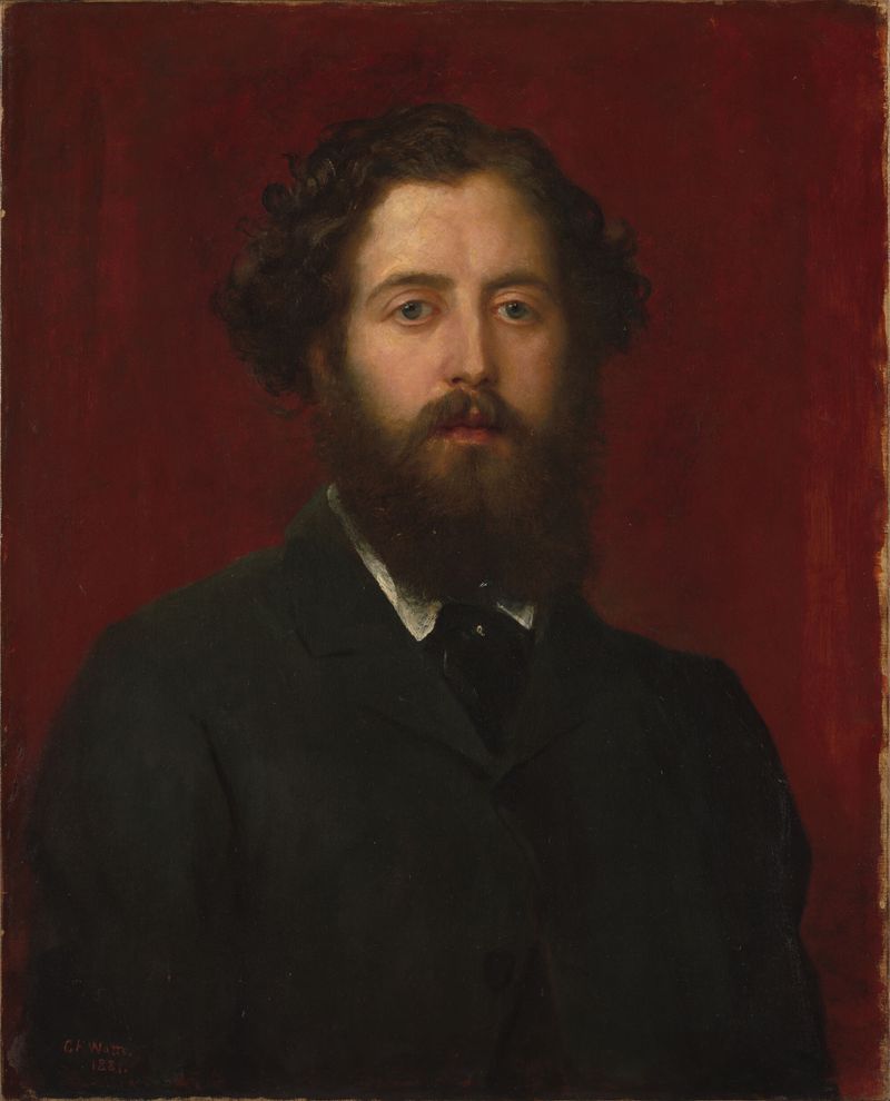 Portrait of a man by George Frederic Watts, oil on canvas, highlighting chiaroscuro and emotional depth.