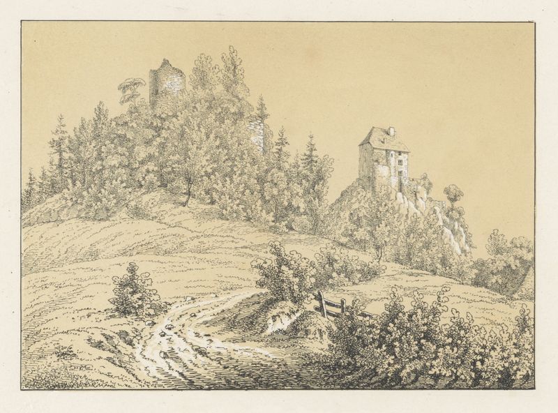 Pintura de paisaje al óleo de Johann Friedrich Wagner con un castillo, río y montañas.