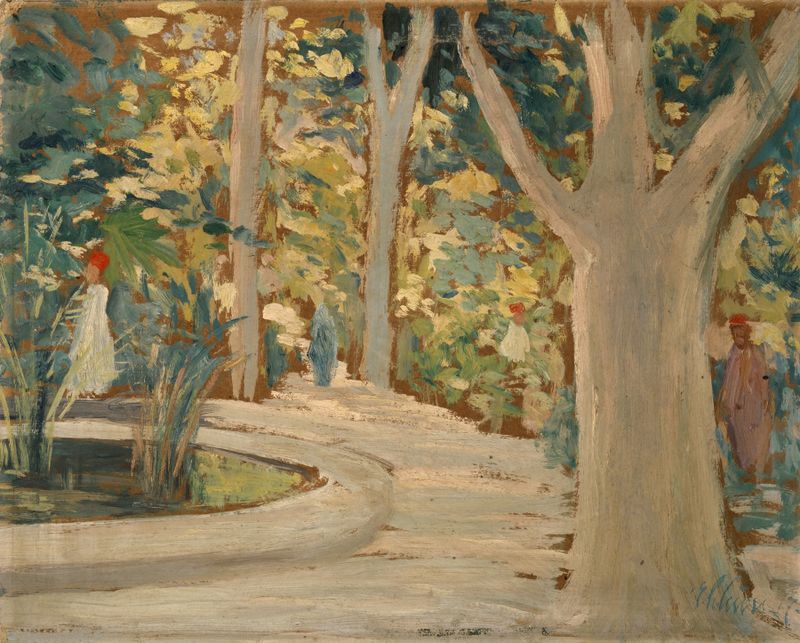 Pintura figurativa a óleo de Ernst Schiess retratando um homem em roupas sentado em um parque exuberante.