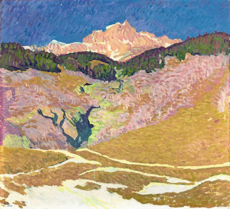 Piz Duan by Giovanni Giacometti, oil on canvas depicting mountains and a swirling sky