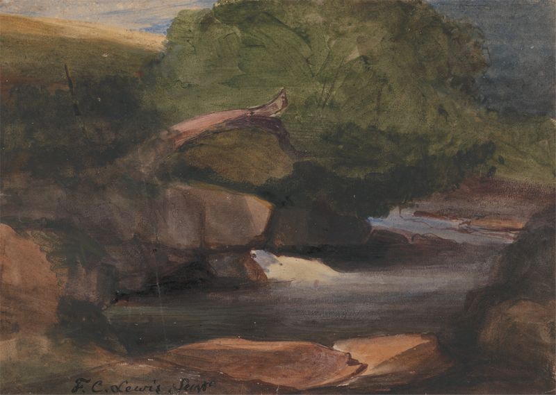 Acuarela de Frederick Christian Lewis the Elder que representa árboles y un arroyo rocoso.