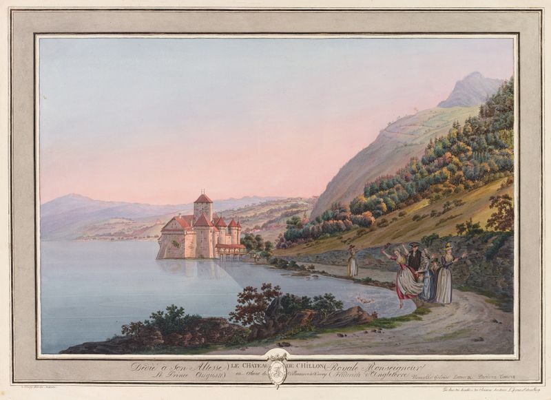 Oil painting by Pierre Samuel Louis Joyeux depicting Le Château de Chillon by Lake Geneva.