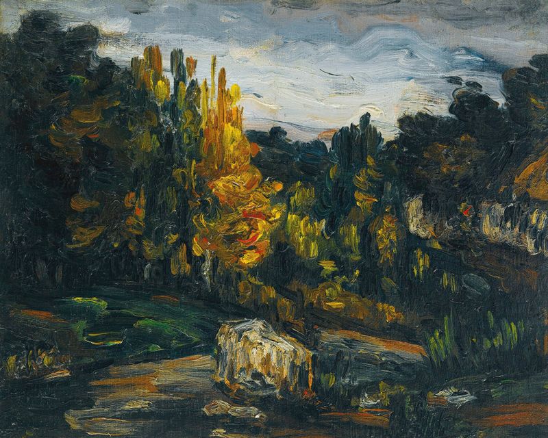 Paisaje de Paul Cezanne, que representa campos verdes y colinas, pintura al óleo