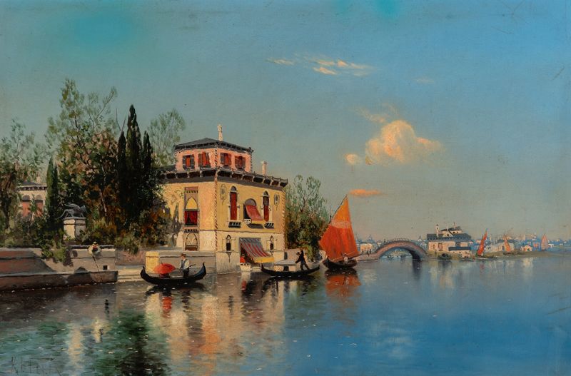 Um dia ensolarado no canal, Veneza, óleo sobre tela de Karl Eugene Felix