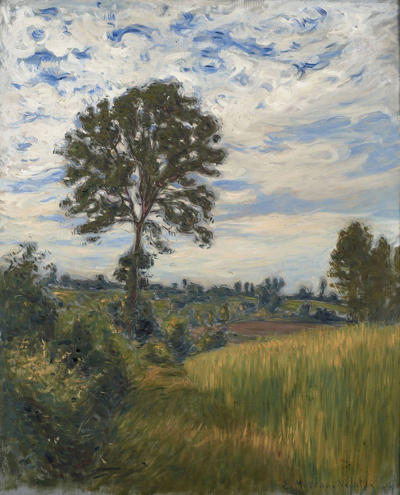 Paysage au grand arbre by Etienne Moreau-Nélaton, impressionist oil painting of a tranquil landscape with a grand tree.