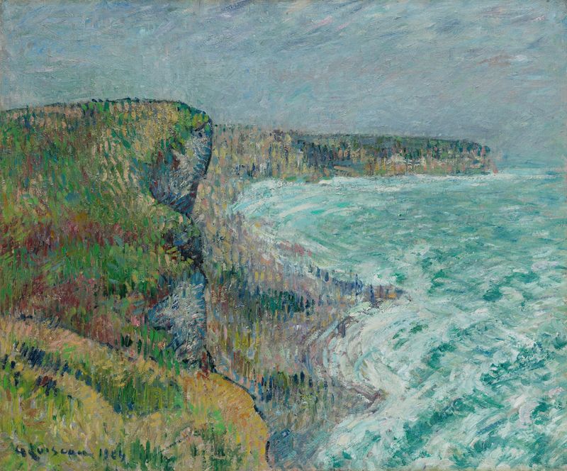 Falaises d’Yport en hiver de Gustave Loiseau, óleo sobre lienzo que representa acantilados y mar en invierno.