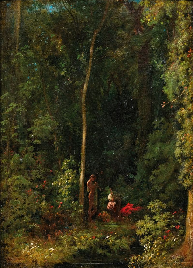 Antique Pastorale de Jean-Paul Flandrin, óleo sobre lienzo que representa figuras serenas en un paisaje tranquilo