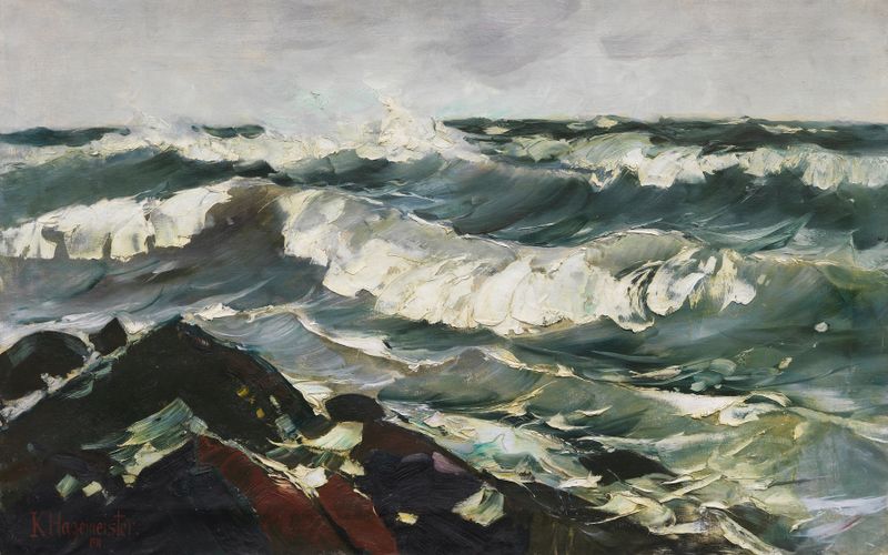 Oil painting by Karl Hagemeister depicting ocean waves in deep blue and turquoise.
