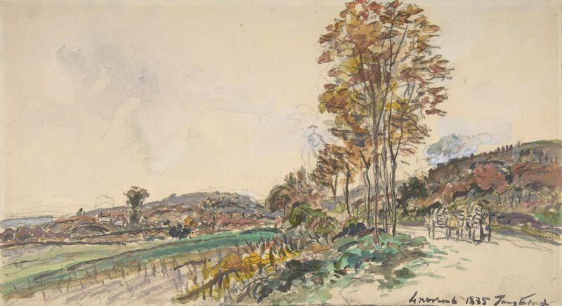 Pintura al óleo de Johan Barthold Jongkind que representa un camino sinuoso bajo un cielo iluminado.