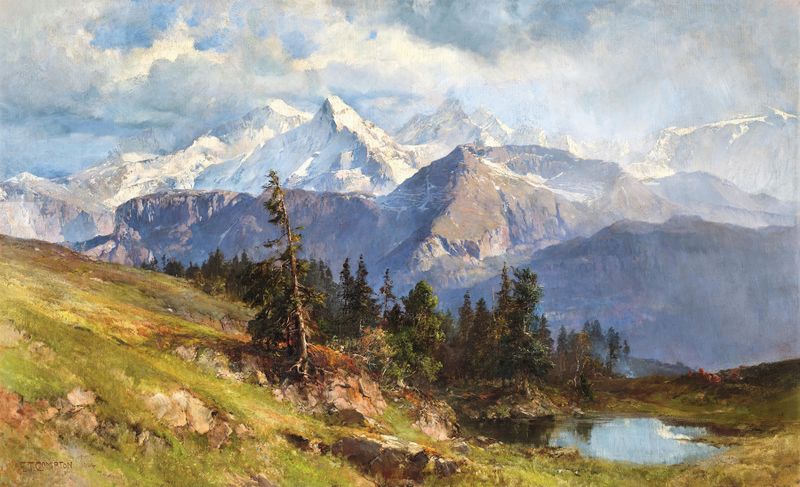 Oil on canvas by Edward Theodor Compton depicting the Wetterhorn and Rosenlaui Glacier