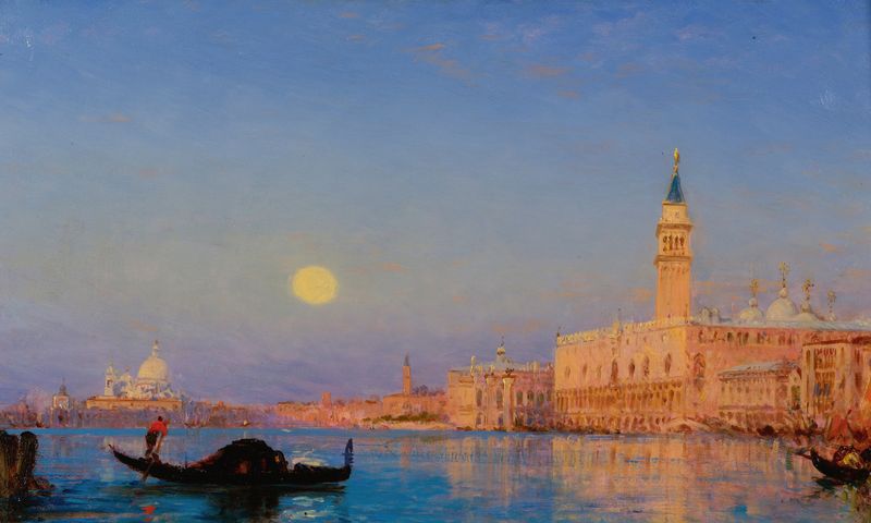 Gondole Devant Le Grand Bassin, oil painting by Félix Ziem, featuring gondolas on tranquil waters.