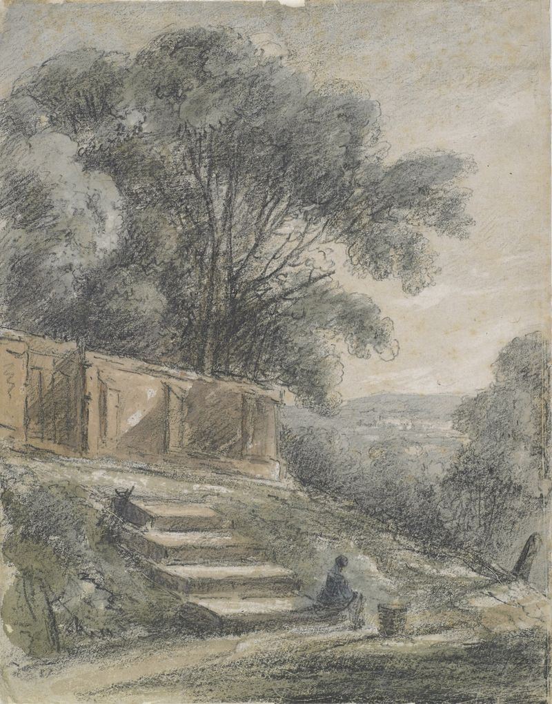 Landscape with sloping steps by John Laporte, oil on canvas depicting steps leading to a distant horizon.
