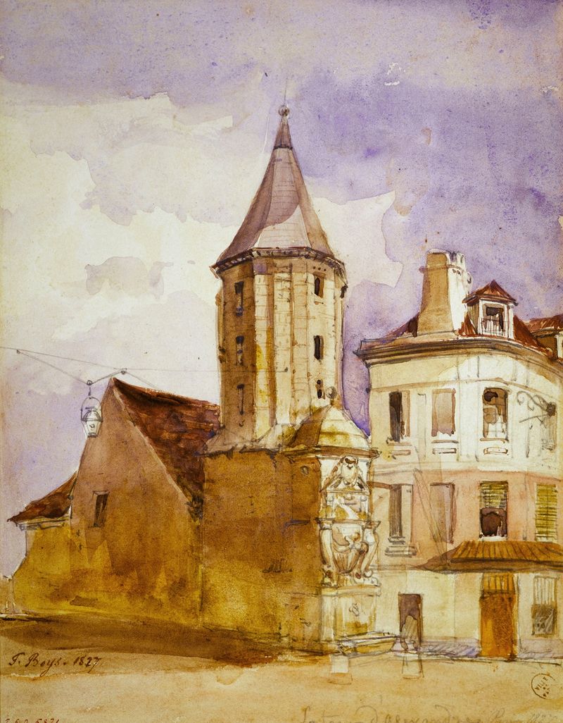 La Tour Alexandre en 1827 de Thomas Shotter Boys, paisaje con fuente, pintura al óleo