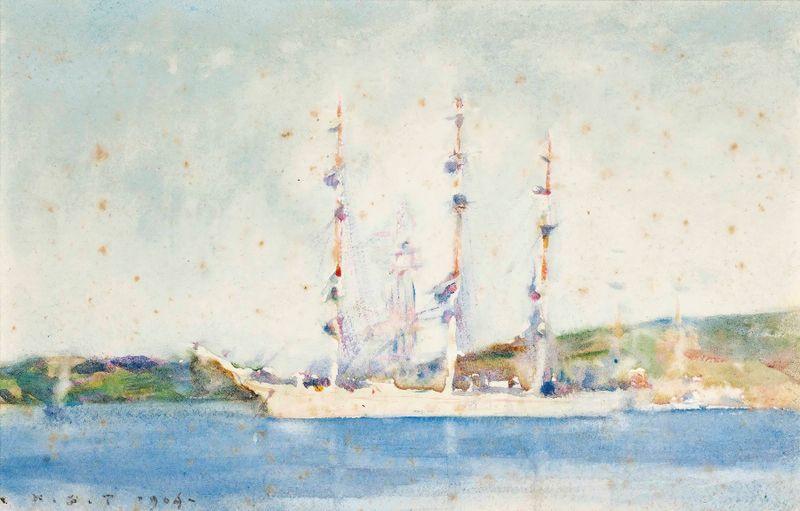 A windjammer at anchor, oil painting by Henry Scott Tuke, depicting a ship against a tranquil sea.