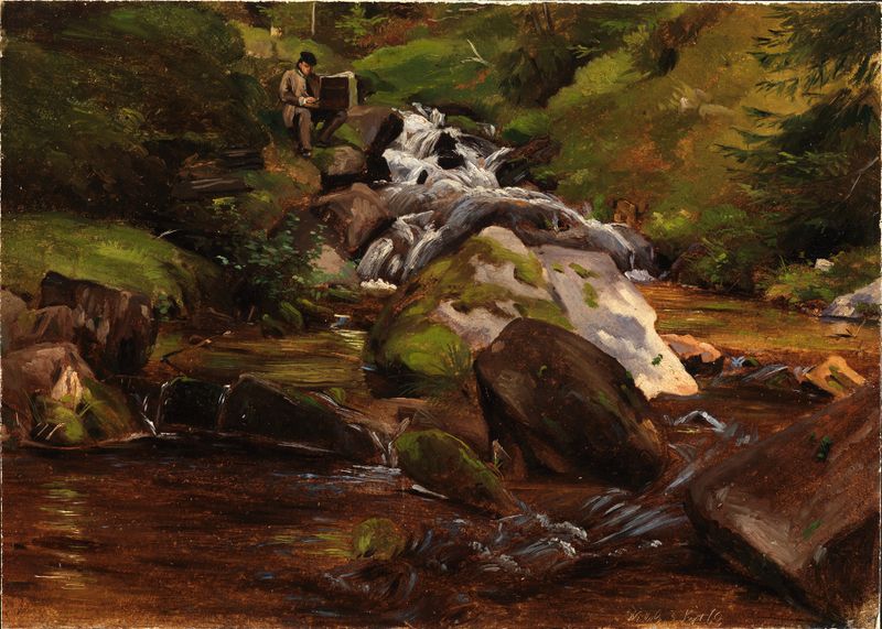 Pintura al óleo de Eugen Bracht que muestra a Hans Thoma junto a un arroyo en el bosque.