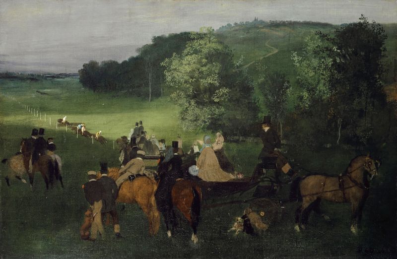 At the Racecourse, oil on canvas by Edgar Degas showing a lively horse race scene