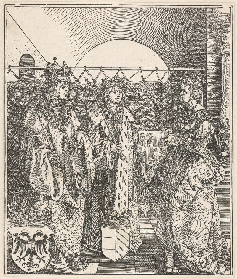 Escena histórica de la pareja real en su boda, medio papel de Albrecht Dürer