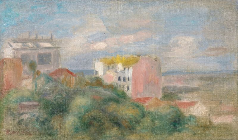 Paysage De Montmartre de Pierre-Auguste Renoir, óleo que muestra un paisaje exuberante con luz del sol filtrándose entre l...