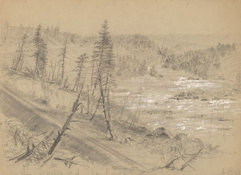 Railroad on the Dalles of the St. Louis by Alfred Rudolph Waud, oil painting depicting a railroad in a tranquil landscape.