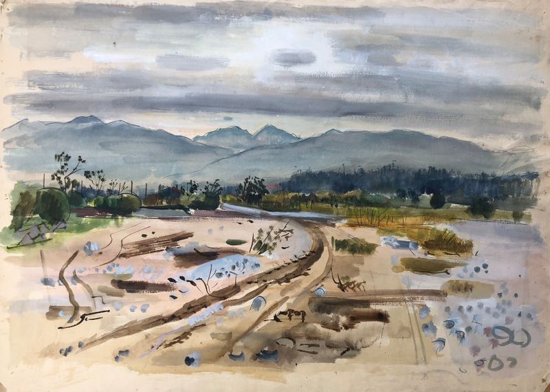 Paisagem óleo de Otto Geigenberger com tons terrosos suaves e uma sensação de decadência.