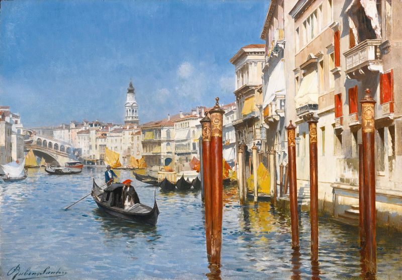 The Grand Canal with the Rialto Bridge, oil on canvas by Rubens Santoro