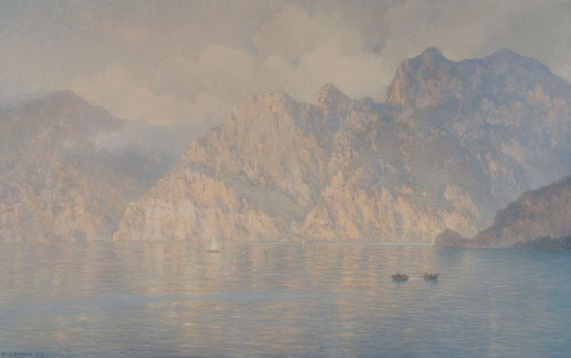 Paisaje impresionista de Torbole por Henry Brokman, con un lago sereno y vegetación.