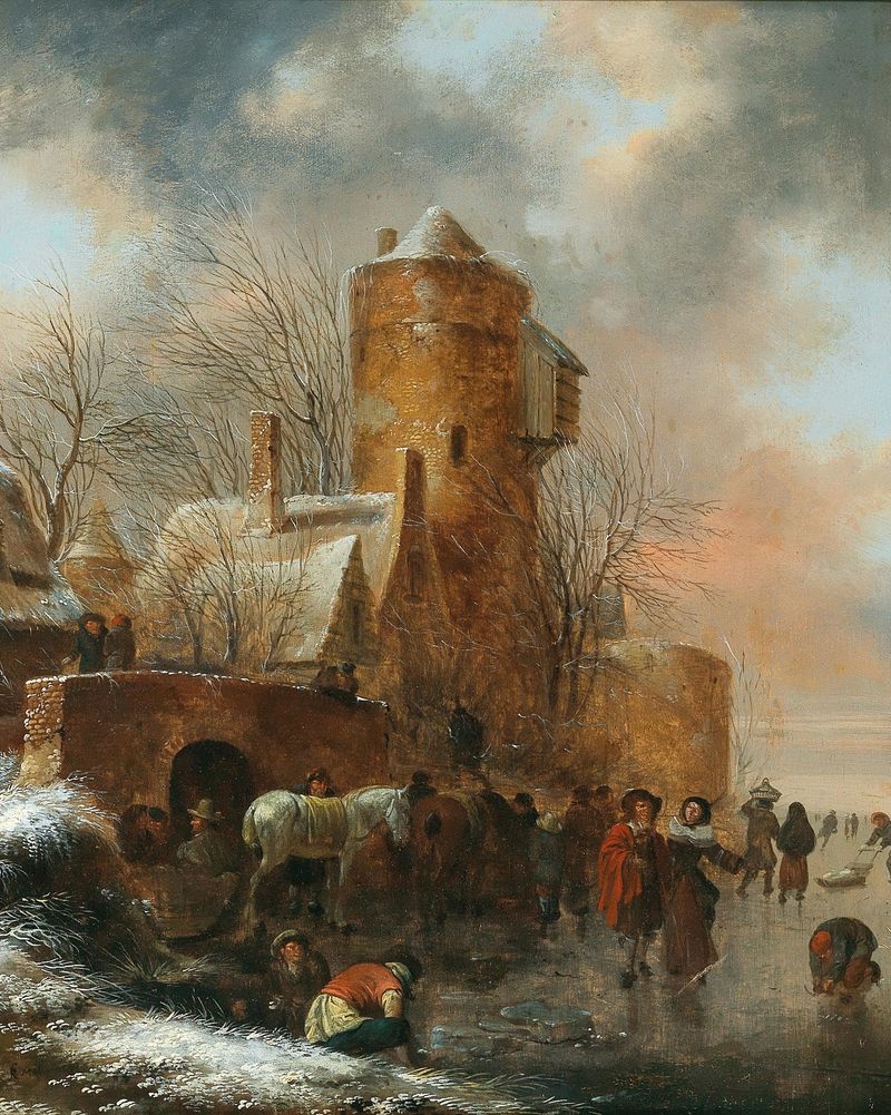 A winter landscape with a fortified town by Nicolaes Molenaer, oil painting