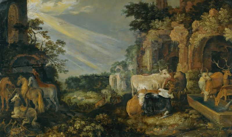 Paradise landscape with horses, cows, and herders, oil on canvas by Roelant Savery