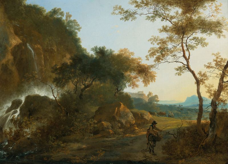 An Italianate landscape with a traveler on a path by a waterfall, oil painting by Adam Pynacker.