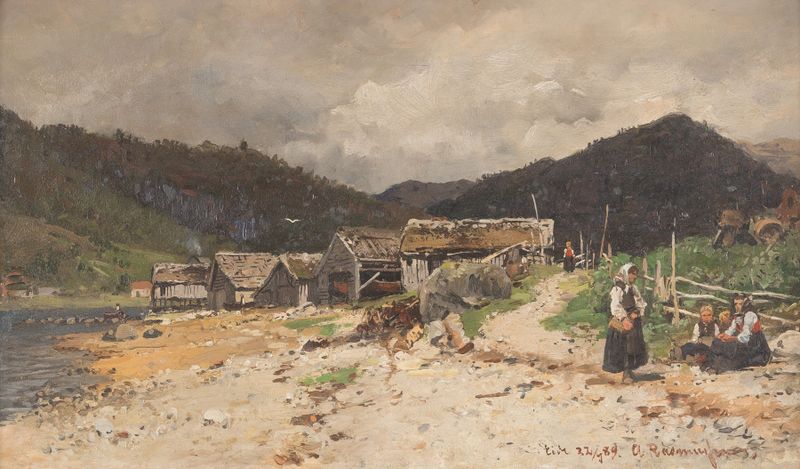 Cena marinha com barcos na água, óleo de Georg Anton Rasmussen