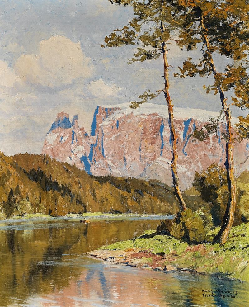 Landscape depicting hills and water, oil painting by Hans Maurus