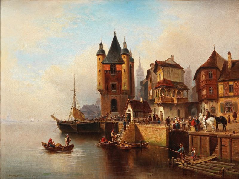 Landscape of Stadt am Flussufer by Wilhelm Alexander Meyerheim, oil painting