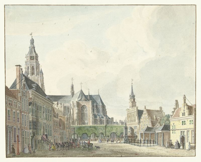 Genre scene of Markt te Arnhem, ink on paper by Jan de Beijer