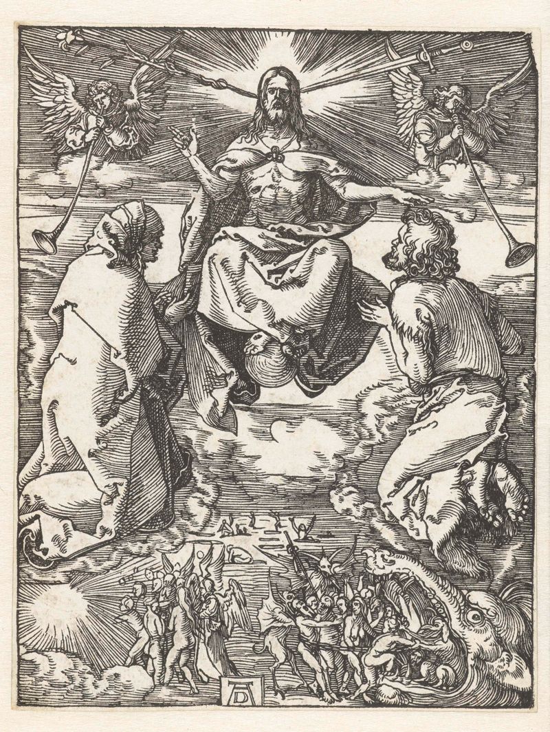 Laatse Oordeel de Albrecht Dürer, meio papel, retratando uma cena de julgamento religioso com figuras intrincadas.