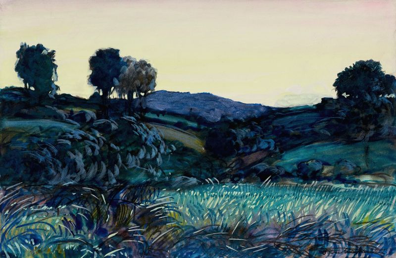 Pintura al óleo de paisaje de Donald Shaw MacLaughlan con un atardecer de colores vibrantes.
