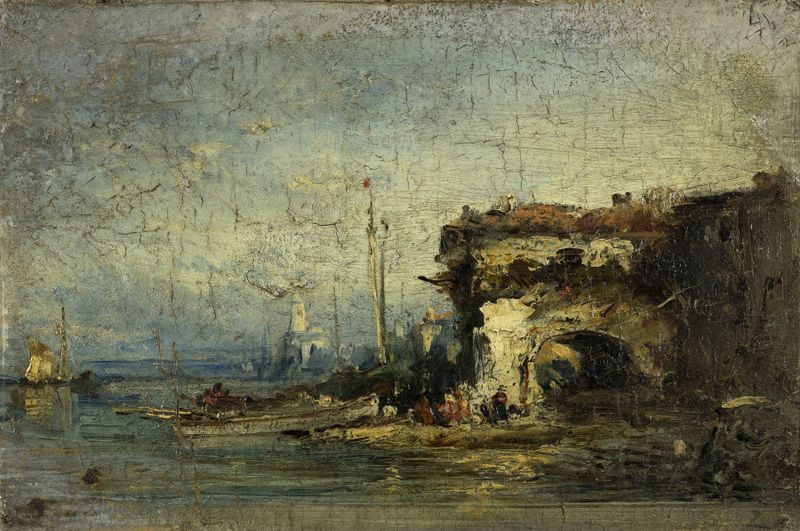 Oil painting by Félix Ziem depicting a weathered door in ochre and terracotta